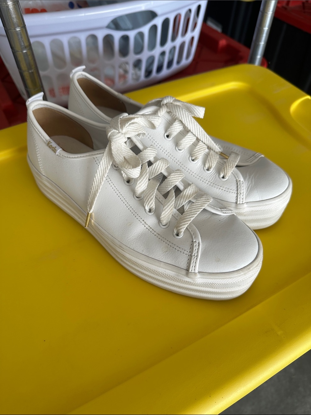 Keds White Platform Lace-Up Sneakers with Gold Eyelet Detail
